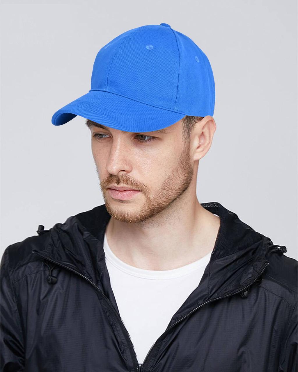 Blue custom cap front view on model, cap manufacturer India