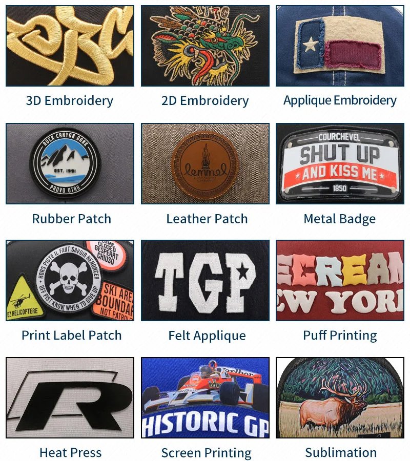 Cap logo branding methods: 3D embroidery, screen printing, leather patch, rubber patch